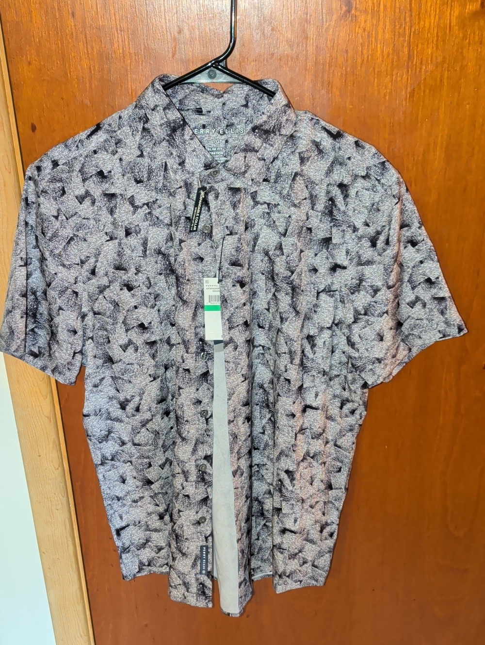 Perry Ellis Short Sleeve Button-Down Shirt - Black & Gray Abstract Pattern